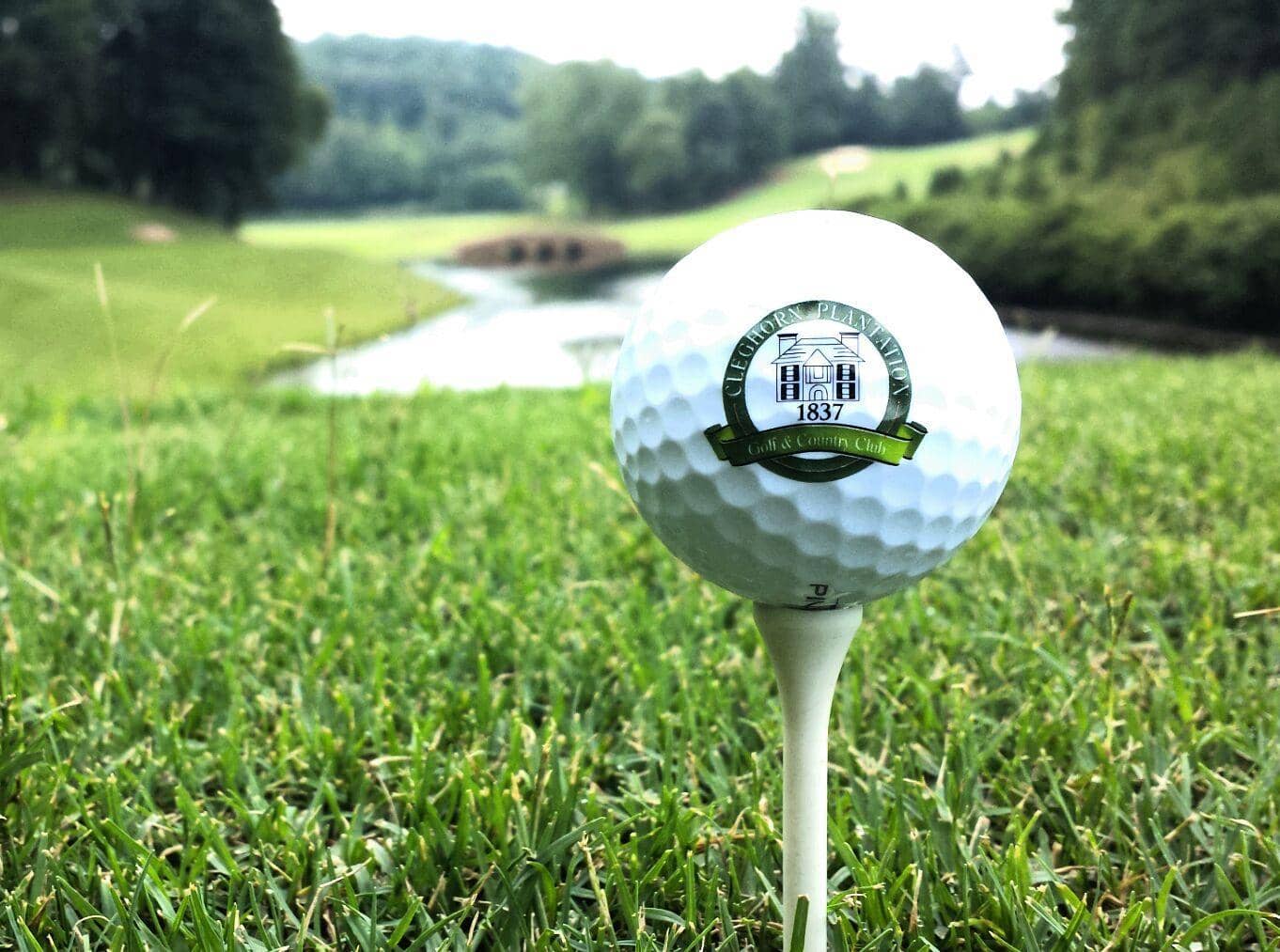 Golf ball with logo on tee